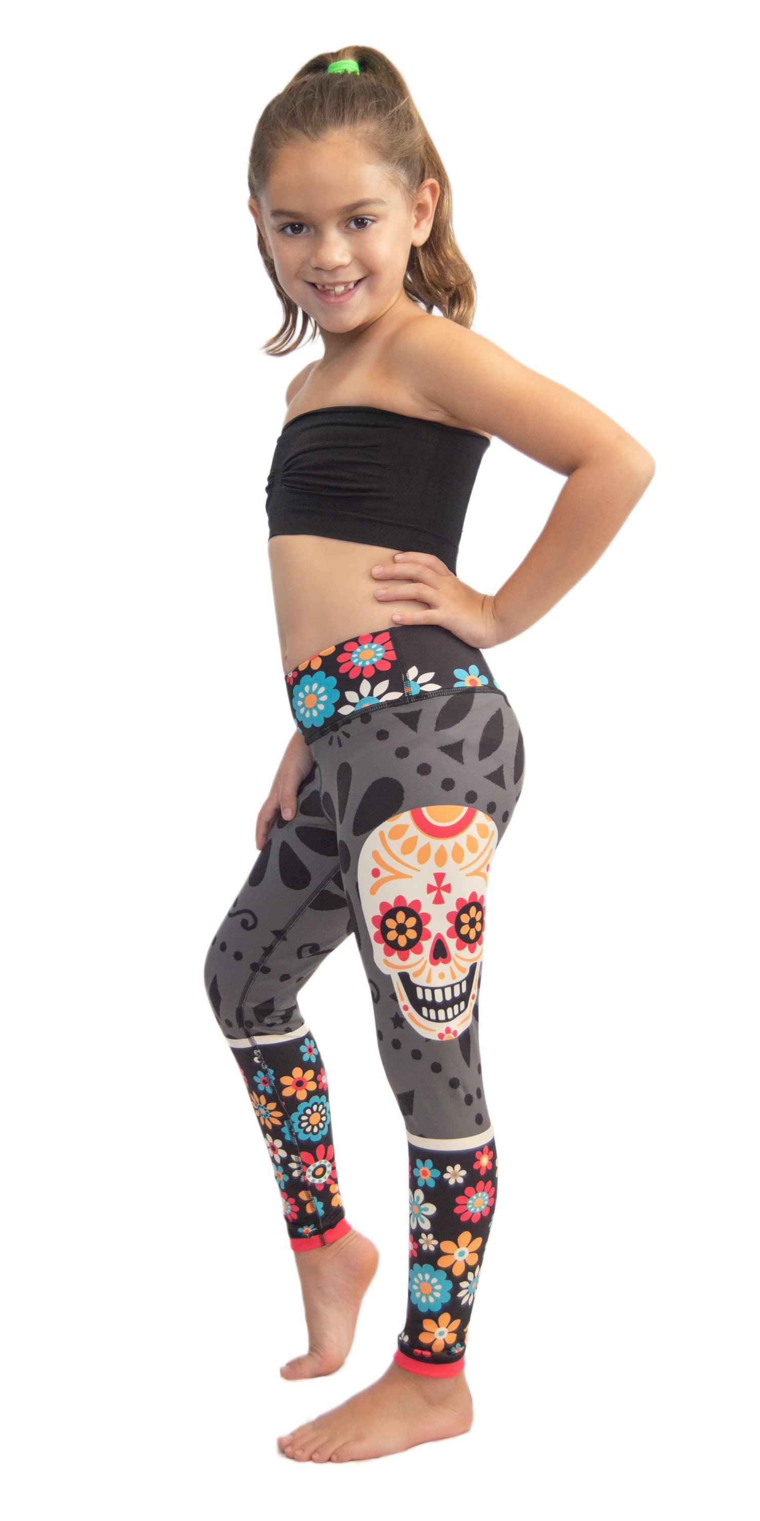 Mexican Skull and Roses Halloween Leggings, Super Soft Milk Silk Leggings,  Beautiful Halloween Kids & Mum Matching Yoga Leggings 