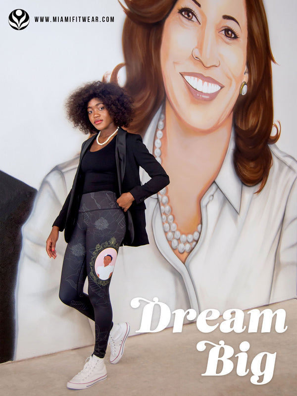Image of black model Oforiwaa Sam wearing Miami Fitwear leggings inspired by Ruby Bridges and Kamala Harris.