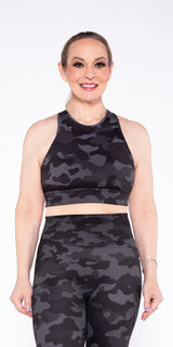 Jet Black Camo - High-Neck Racerback Sports Bra